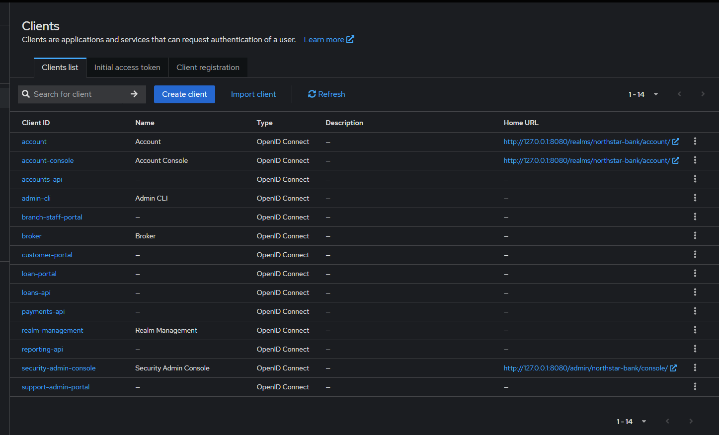 Keycloak client configuration showing separate clients for applications and APIs