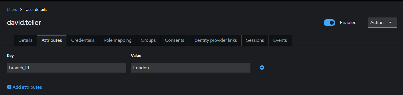 Keycloak user profile showing the branch_id attribute for david.teller