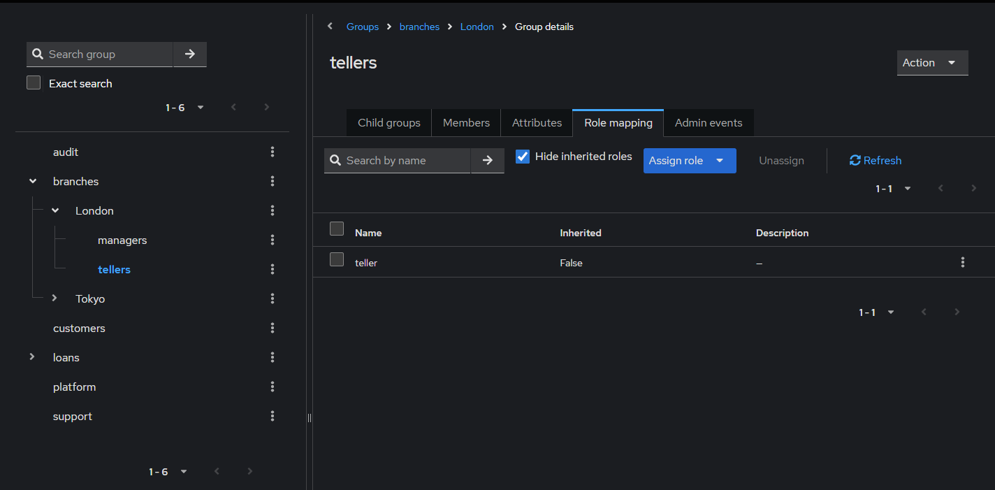 Keycloak group role mapping showing inherited access through group membership