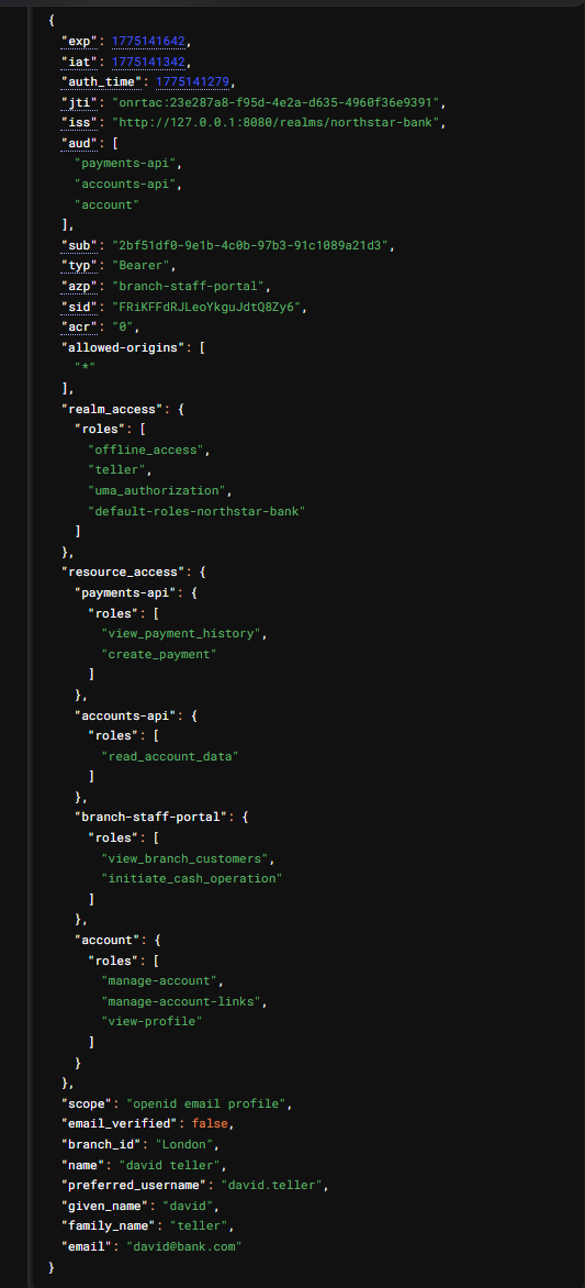 Decoded JWT showing role and branch claim returned by Keycloak
