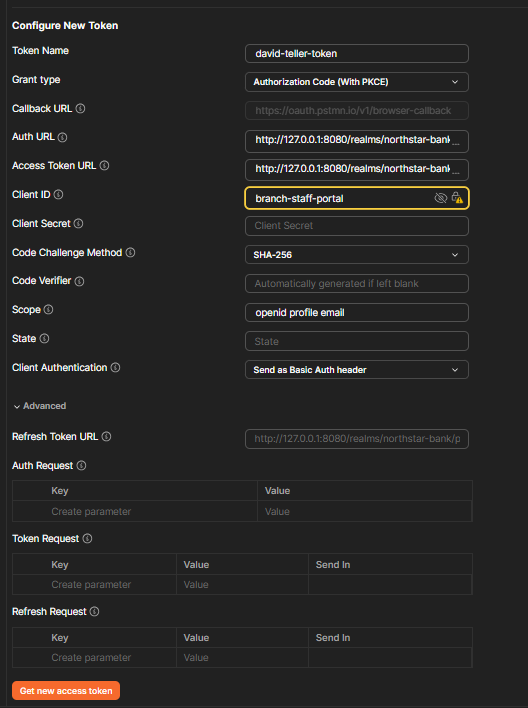 Postman request configuration for testing Keycloak OpenID Connect token flow